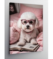 Kanvas Tablo Kitap Okuyan Beyaz Köpek