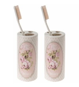 2 ADET SERAMİK DİŞ FIRÇALIK BAHAR DESENLİ 7X7X11CM BANYO SETİ