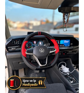 Vw Transporter T7 Dikme Direksiyon Kılıfı Parlak Siyah Kırmızı Detaylı Kırmızı Çift Yüzük ve Dikiş 2024-2026