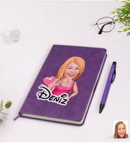 BK Gift Kişiye Özel Kadın Karikatürlü Mor Termo Deri Defter Kalem Seti Model 49