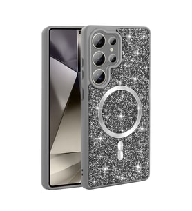 Galaxy S25 Ultra Kılıf Pırlanta Tasarımlı M-safe Şarj Özellikli Mozaik Silikon Kapak (Gri)
