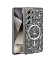 Galaxy S25 Ultra Kılıf Pırlanta Tasarımlı M-safe Şarj Özellikli Mozaik Silikon Kapak (Gri)