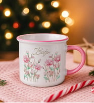 BK Gift Kişiye Özel Çiçek Tasarımlı Pembe Emaye Kupa Bardak -11, Arkadaşa Hediye, Sevgiliye Hediye