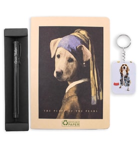 Kişiye Özel Siyah Roller Kalem & İnci Küpeli Köpek Figürlü Defter & Köpek Figürlü Anahtarlık Hediye Seti