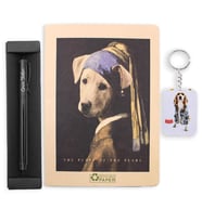 Kişiye Özel Siyah Roller Kalem & İnci Küpeli Köpek Figürlü Defter & Köpek Figürlü Anahtarlık Hediye Seti