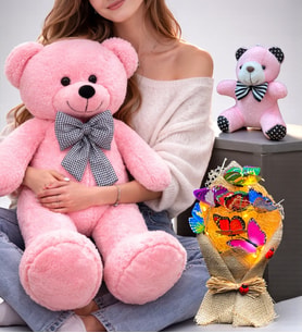 Muhteşem Hediye Seti Pembe Büyük Peluş Ayıcık, Led Işıklı Buket ve Anahtarlık Seti (Model 2)