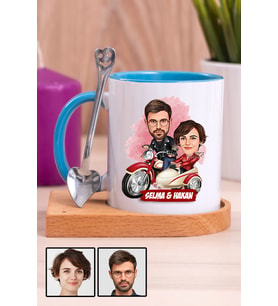 Çiftlere Özel İlginç Hediye Motorsiklet Temalı Karikatürlü Ahşap Altlıklı Mavi Kupa Bardak