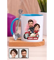 Çiftlere Özel İlginç Hediye Motorsiklet Temalı Karikatürlü Ahşap Altlıklı Mavi Kupa Bardak