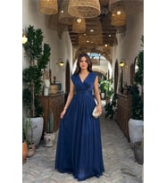 Neşeli butik kadın lacivert janjan kumaş kruvaze yaka bel detaylı abiye elbise NBMY4057