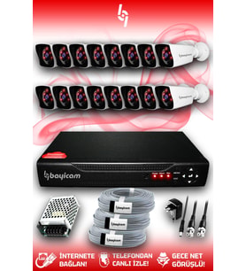 BAYICAM 16 Kameralı Kare 16 Dış Kamera Set HDD'siz Full HD Gece Görüşlü Güvenlik Kamerası Sistemi