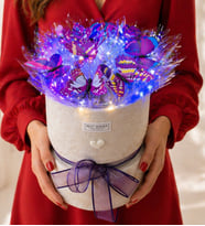 Premium Silindir Peluş Kutulu Led Işıklı Kelebek Buketi
