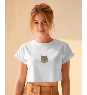 Minimal British Longhair Kedi Baskılı Beyaz Crop Tişört Kadın Rahat Kalıp