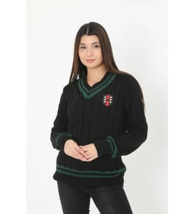 V Yaka Örgülü Kazak - Siyah