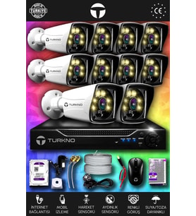 TURKNO 10 Kameralı Karie 10 Dış Kamera Set 1 TB HDD Full HD Renkli Gece Görüşlü Güvenlik Kamerası Sistemi