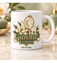 Güzellik Uzmanı Kupa Bardak Ayna Çiçek ve Krem Kavanozu Desenli