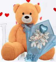 Premium 90 cm Peluş Ayı ve Premium Kalp Balonlu Romantik Mavi Peluş Ayıcık Buketi, Yıldönümü, Özel Gün - Sevdiğine Hediye (Kahverengi)