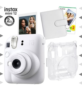 Instax mini 12 Beyaz Fotoğraf Makinesi-20'lu Film-Kare Albüm ve Şeffaf Kılıf Seti