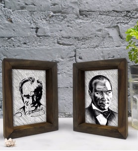 Bk Gift Atatürk Tasarımlı Dekoratif 2'li Doğal Masif Ahşap Çerçeve 15x20cm-16 (Beyaz)