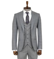 Ekose Ceketli Slim Fit Gri Erkek Takım Elbise - Wessi