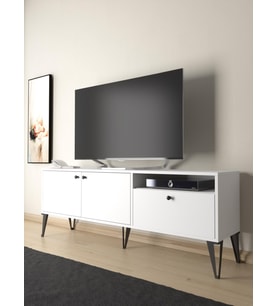 Wood'n Love Atoka 160 Cm Metal Ayaklı Dolaplı, Minifiks Bağlantı Tv Ünitesi - Beyaz / Siyah