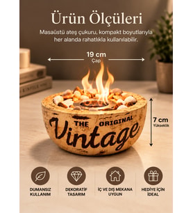 Technow Home-300 Vintage Eskitme Desen El Yapımı Masa Şöminesi Ateş Çukuru (200ml Bioetanol)