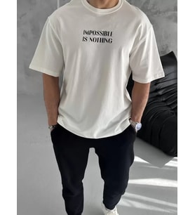 pilelistore- Unisex Bisiklet Yaka Baskılı Oversize T-Shirt - Beyaz