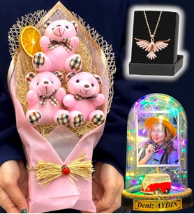 Size Özel Renkli Led Işıklı Fanus, Büyük Boy Ayıcık Buketi ve Anka Kuşu Kolye (Model 9)