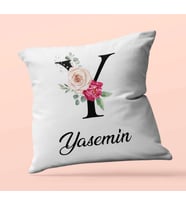 Kişiye Özel Y Harfi Temalı Gül Tasarım Saten Kare Yastık (Beyaz)