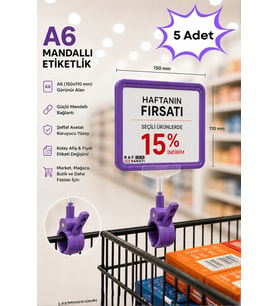 5 Adet - A6 Fiyatlık Mandallı Etiketlik Sepet Raf Askılık Fiyat Etiketi Çerçeveli Market Mağaza Mor