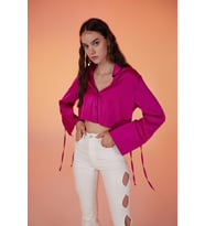 Özel Dokulu Saten Crop Silky Gömlek Pembe