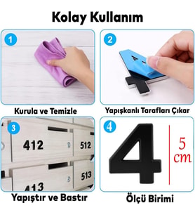 Yapışkanlı Kapı Numarası Küçük Boy 50 mm 5 cm Numara 4 Rakam Dört Sayı Siyah Renk Numaralar 1 Adet