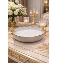Porselen Sunumluk Altın Yaldızlı Metal Kulplu Meyvelik Salata Kasesi Sunum Tabağı 24 cm