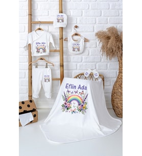 Pia Baby Premium Kişiye Özel Battaniye ve 5 Parça Zıbın Kız Bebek Hediyesi 5045-04 (Ekru)