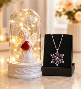 Led Işıklı Beyaz Melekli Fanus ve Gerçek Ametist Taşlı Lotus Kolye Sevgiliye Hediye Anneye Arkadaşa Hediye