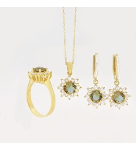 925 Ayar Gümüş Yuvarlak Zultanıt Taşlı Gold Anturaj Gümüş Set