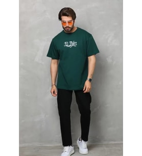 Unisex Bisiklet Yaka Baskılı Oversize T-Shirt - Yeşil