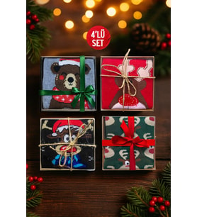 Unisex Yılbaşı Eğlenceli Desenli Kraft Kutulu Çorap 4'lü Set