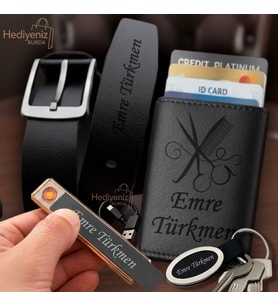 İsme Özel Premium Tasarım Erkek Hediye Seti - Babaya Arkadaşa Eşe Sevgiliye Hediye - Mekanizmalı Otomatik Kartlık Cüzdan Kemer Usb Çakmak Anahtarlık - Tarak Makas Tasarımlı - Kuaförlere Özel