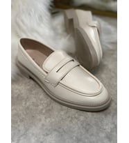 Günlük Kadın Düz Loafer Klasik  Zincirli Oval Burun Makosen Ayakkabı 130 (Bej)