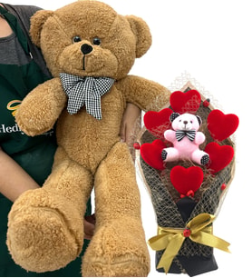 Büyük Boy Kahve Peluş 80 cm Ayıcık ve Kırmızı Kalpli Pembe Ayıcık Buketi