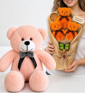 Kişiye Özel Yazılı Turuncu Büyük Boy Peluş Ayıcık Buketi ve 50 cm Pembe Peluş Ayıcık Hediye Seti