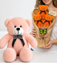 Kişiye Özel Yazılı Turuncu Büyük Boy Peluş Ayıcık Buketi ve 50 cm Pembe Peluş Ayıcık Hediye Seti