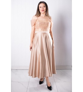 Asklı Pul Payetli Saten Abiye Elbise Gold MDV386