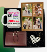 Anneler Gününe Özel 4 Fotoğraflı Kolaj Masaüstü Çerçeve İnci Anahtarlık İsim Soyisim Yazılı Bayan Cüzdan Ve Kupa Bardak Set (Bordo)