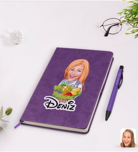 BK Gift Kişiye Özel Kadın Diyetisyen Karikatürlü Mor Termo Deri Defter Kalem Seti Model 1