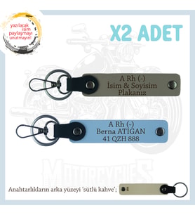 Motosiklet Aşıkları İçin, İsim Plaka ve A Rh (-) Kan Grubu Yazılı x2 Anahtarlık Set, Kül Gri-Mavi-SK