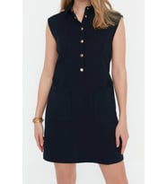 Moda Rahat Casual Günlük Keten Görünümlü Dokuma Gömlek Yaka Kolsuz Kol Shift Mini Boy Elbise (Lacivert)