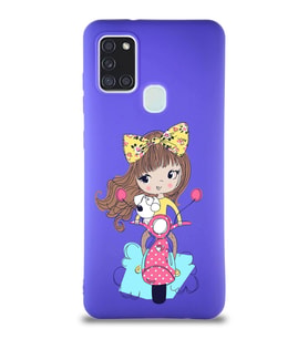 Samsung Galaxy A21S Soft Premier Kapak Vespagirl Tasarımlı Silikon Kılıf - Mor (Şeffaf)