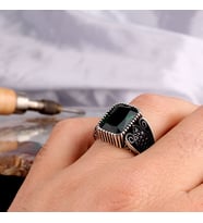 925 Ayar Gümüş Yeşil Zirkon Taşlı Telkari Model Erkek Yüzük