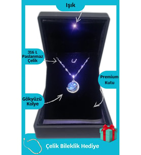Işıklı Premium Kutuda  Yeni Mavi Gökyüzü Gümüş Renk Çelik Kolye  316l Çelik - Kararmaz